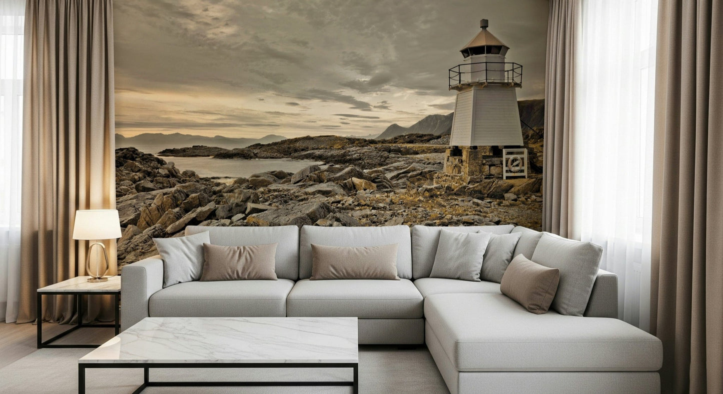 Lighthouse mural featuring a quiet coastal scene framed by mountains and drifting clouds.