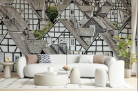 Decorative wall mural inspired by half-timbered European homes