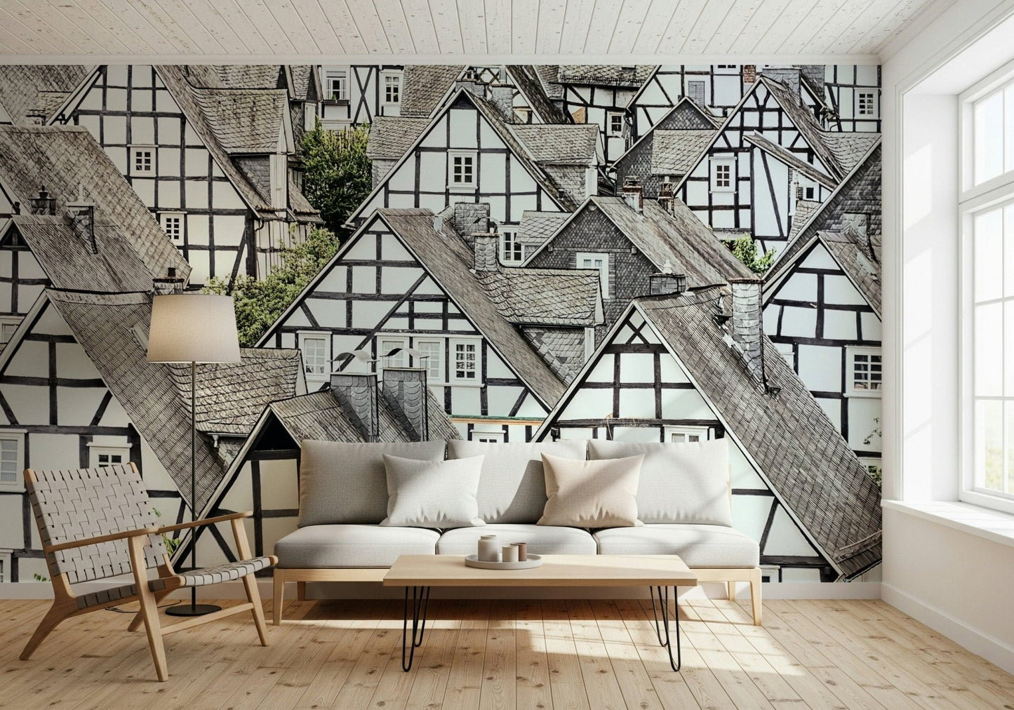Old world half-timbered wall mural for cozy interior spaces