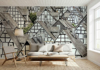 Old world half-timbered wall mural for cozy interior spaces
