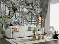 Traditional half-timbered wall mural with rustic architectural detail