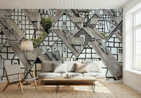 Old world half-timbered wall mural for cozy interior spaces