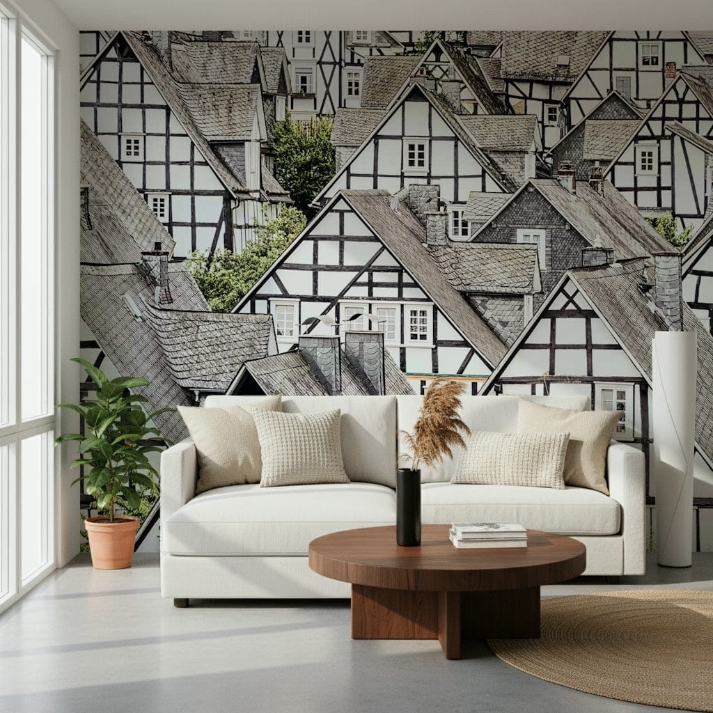 Half-timbered haven wall mural with wood beam exterior pattern