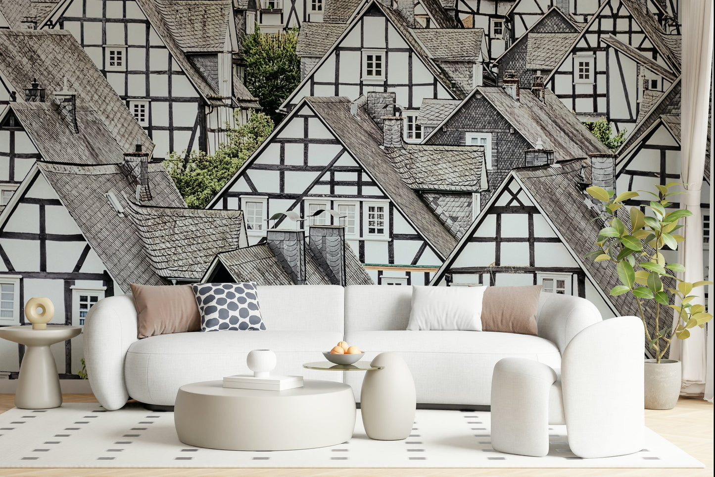Decorative wall mural inspired by half-timbered European homes
