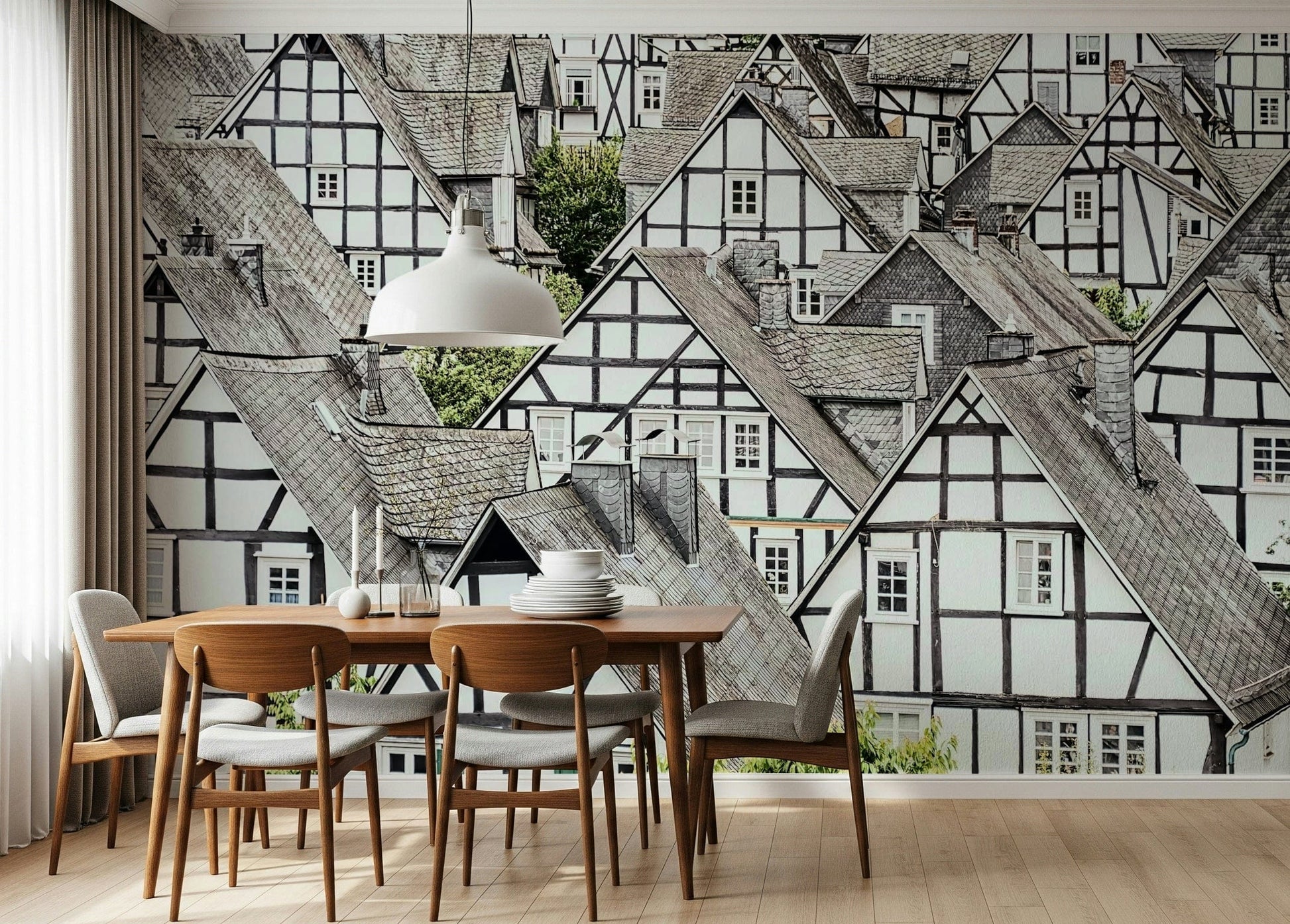 Half-timbered haven wall mural showing classic European house beams