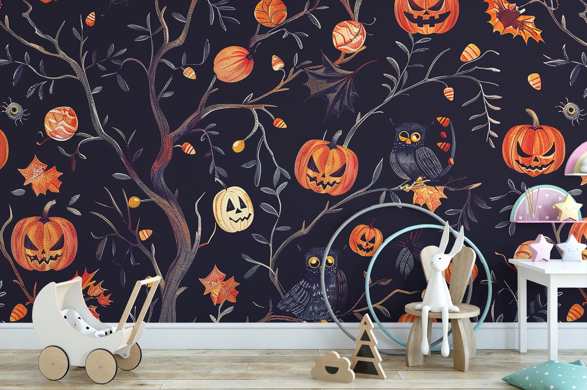 Pumpkin and owl Halloween mural for walls.

