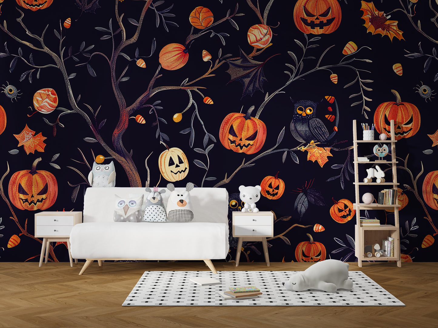 Dark wallpaper mural for festive Halloween.
