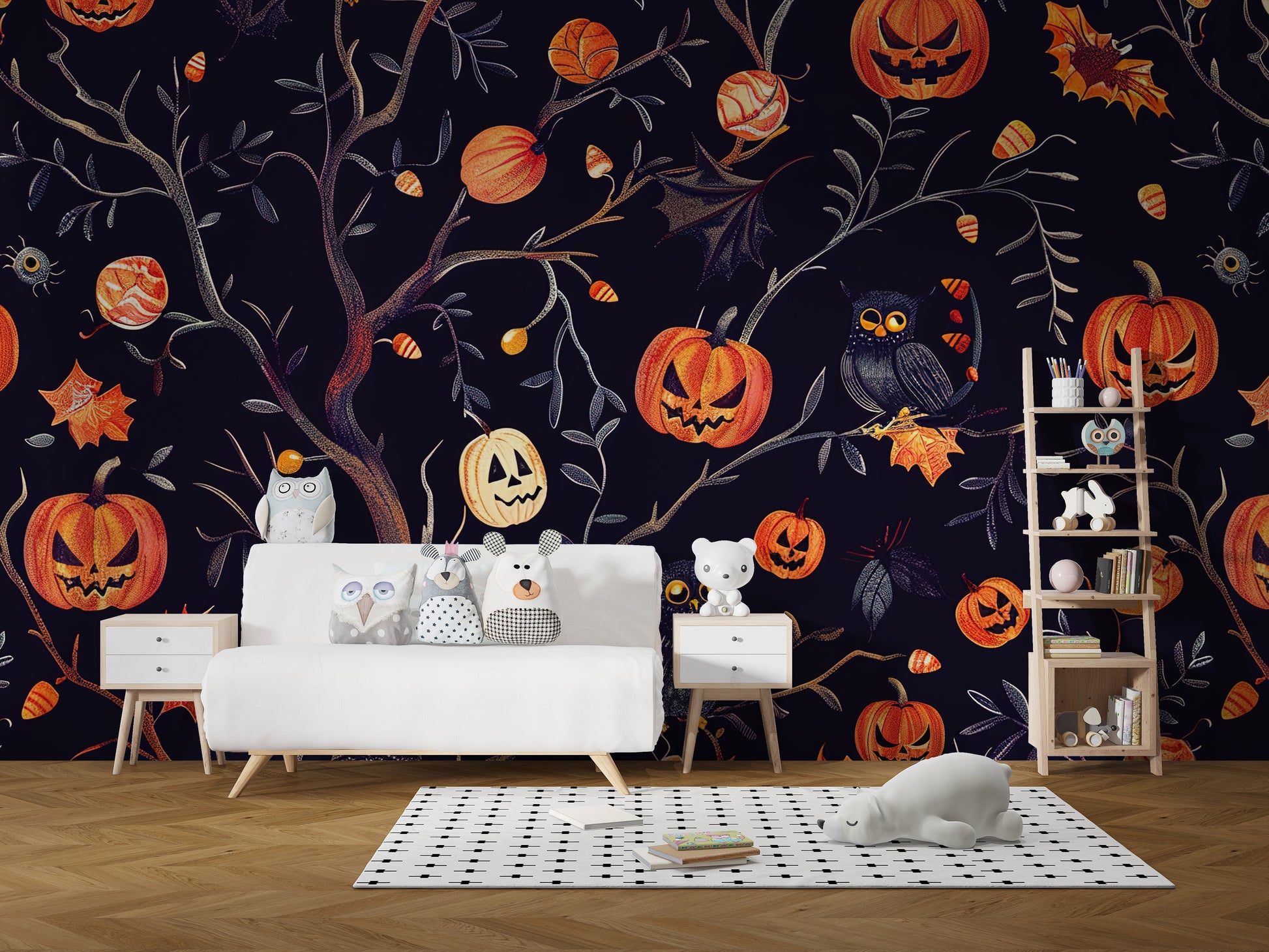 Dark wallpaper mural for festive Halloween.
