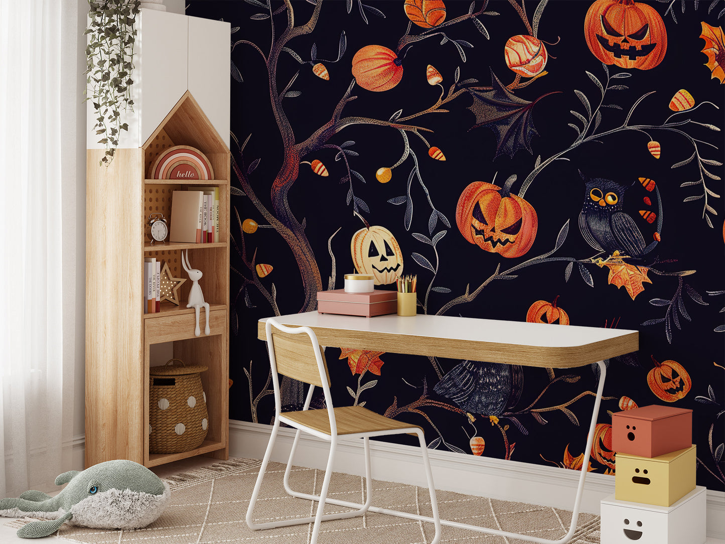 Halloween Pumpkins Owls moonlit wall mural.