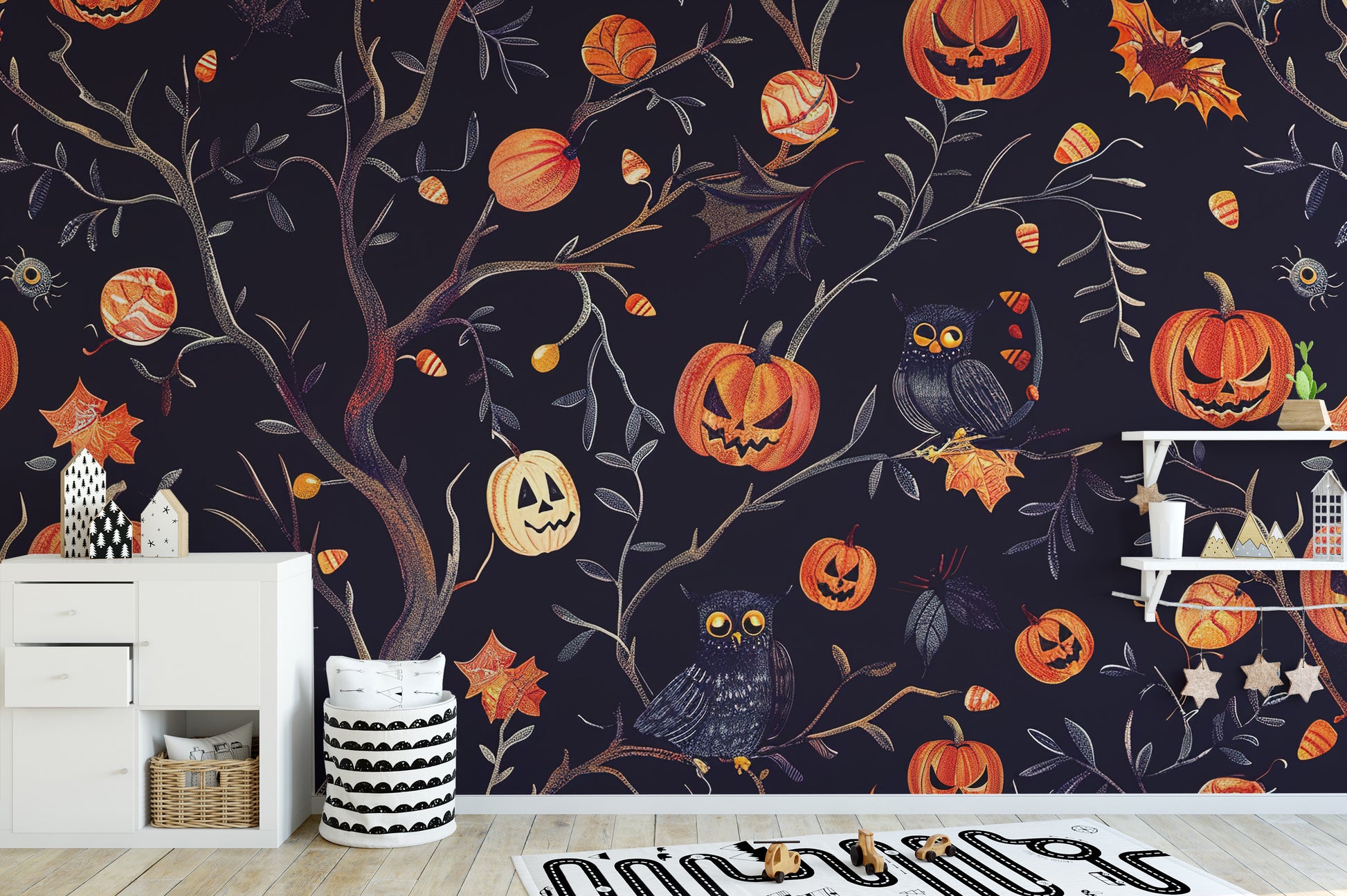 Halloween Pumpkins Owls eerie wall covering.