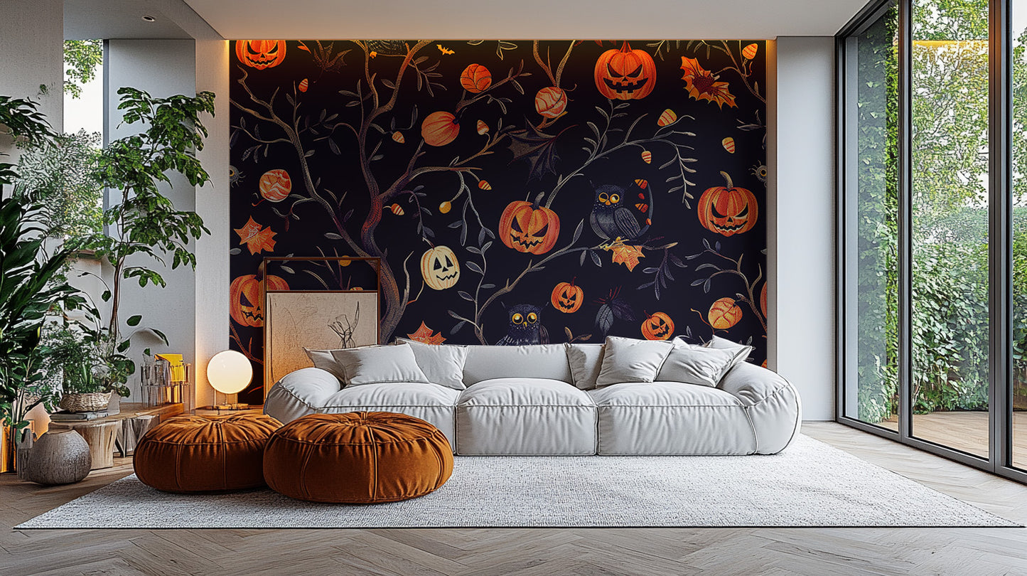 Halloween Pumpkins Owls graveyard backdrop wall mural.