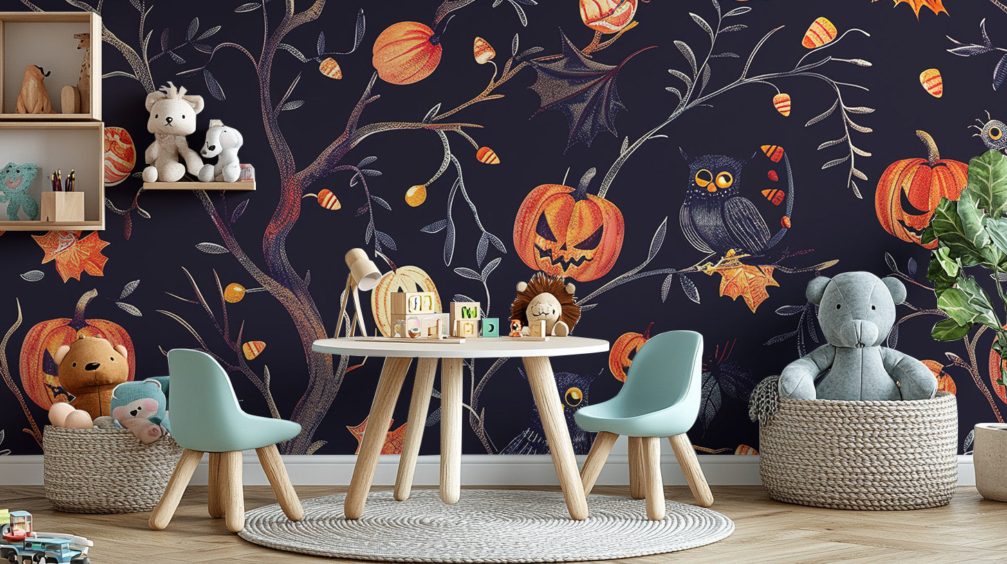 Halloween Pumpkins Owls creepy wall mural.
