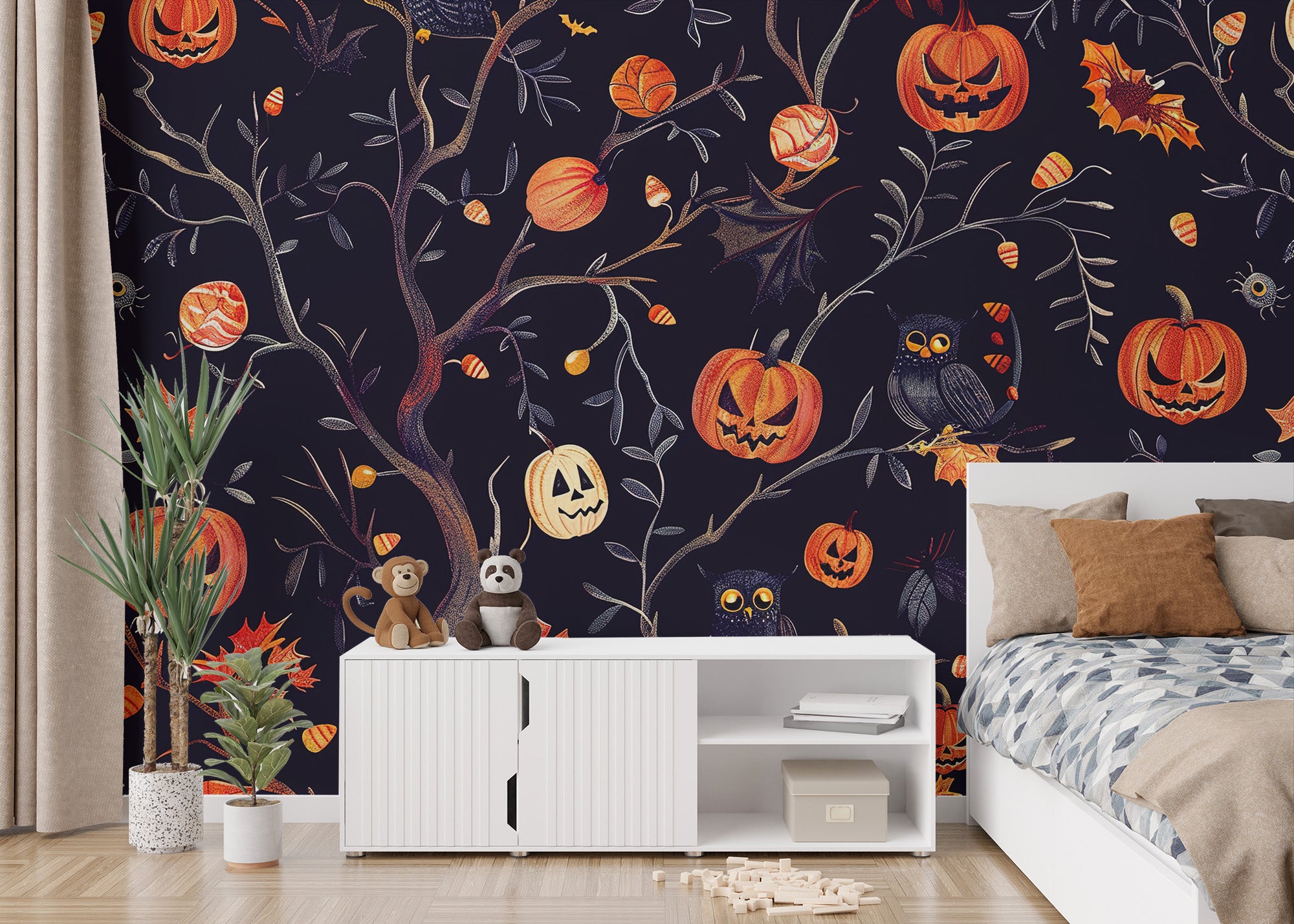 Halloween pumpkins owls wall mural in a bedroom with peel and stick material for a festive and spooky seasonal update.