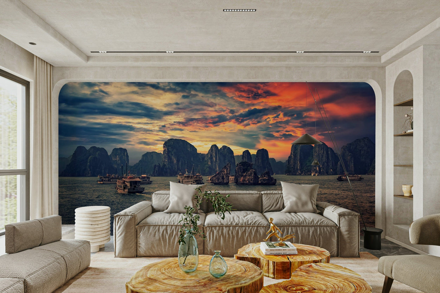 A beautiful Halong Bay wallpaper mural with a sunset sky.


