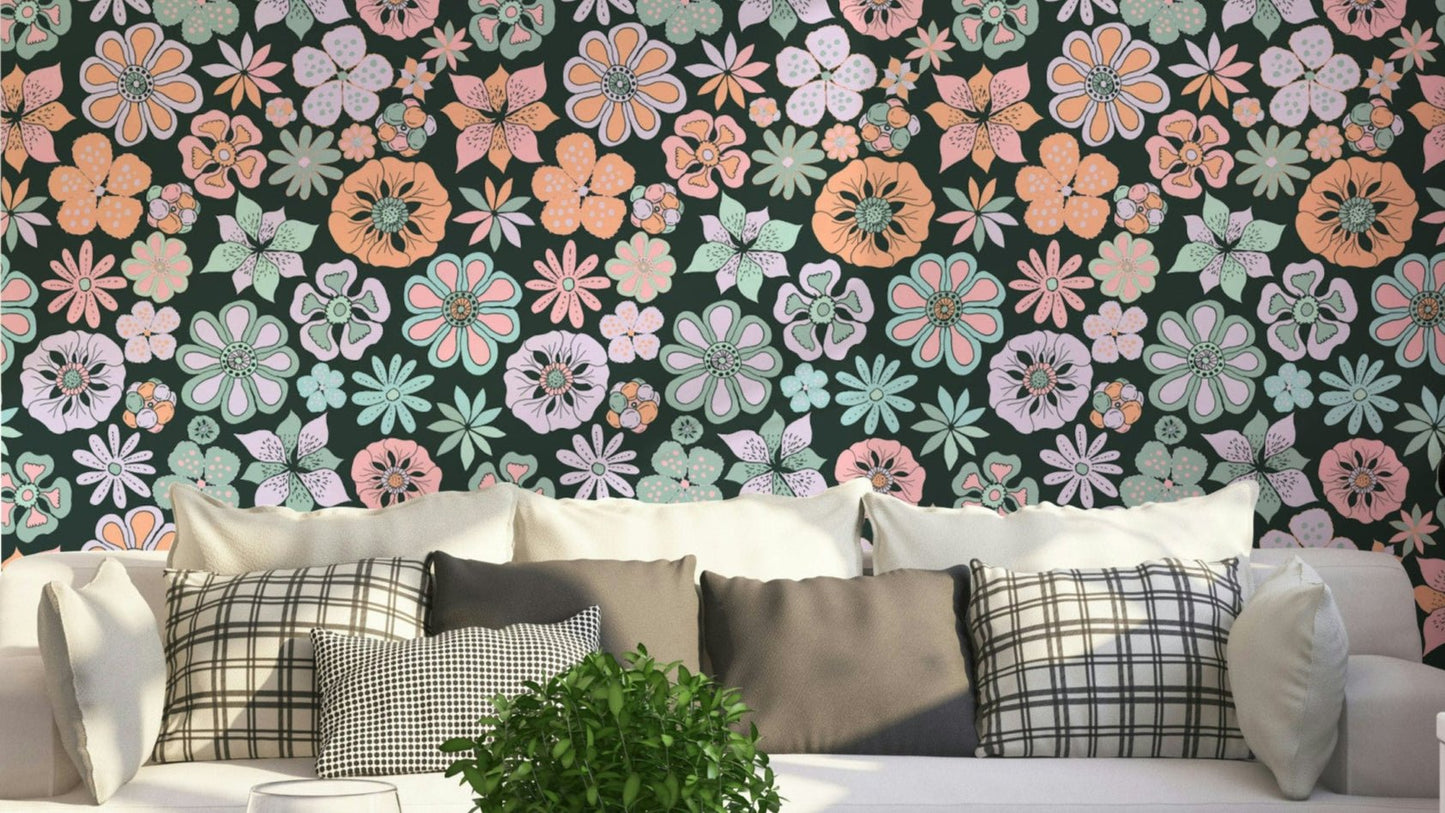 Hand Drawn Garden Flowers Dark Teal Wallpaper.

