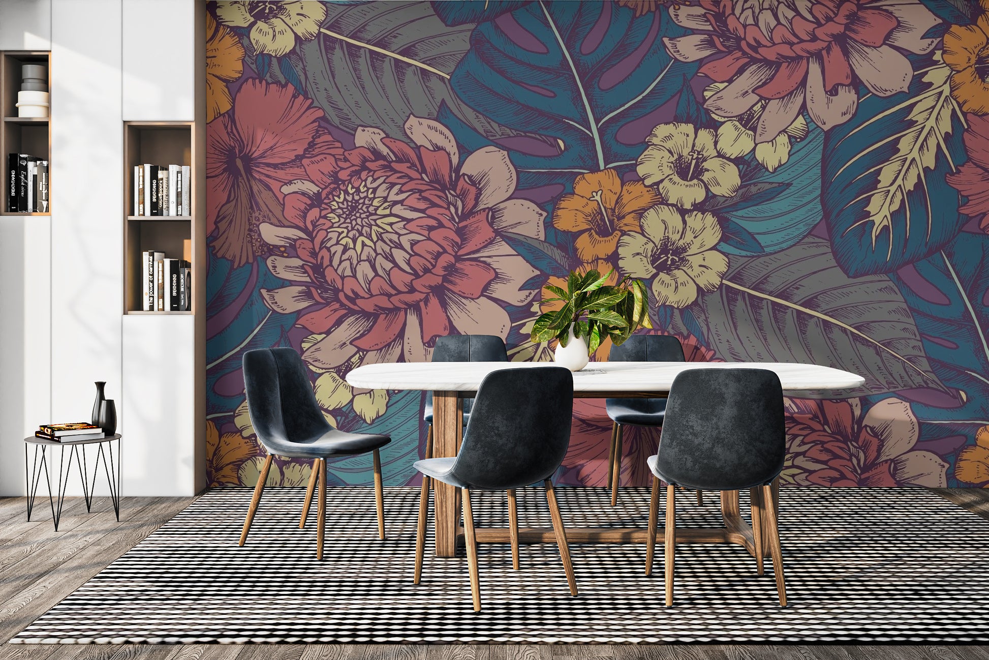 Lush tropical flower wallpaper featuring intricate hand-drawn art.