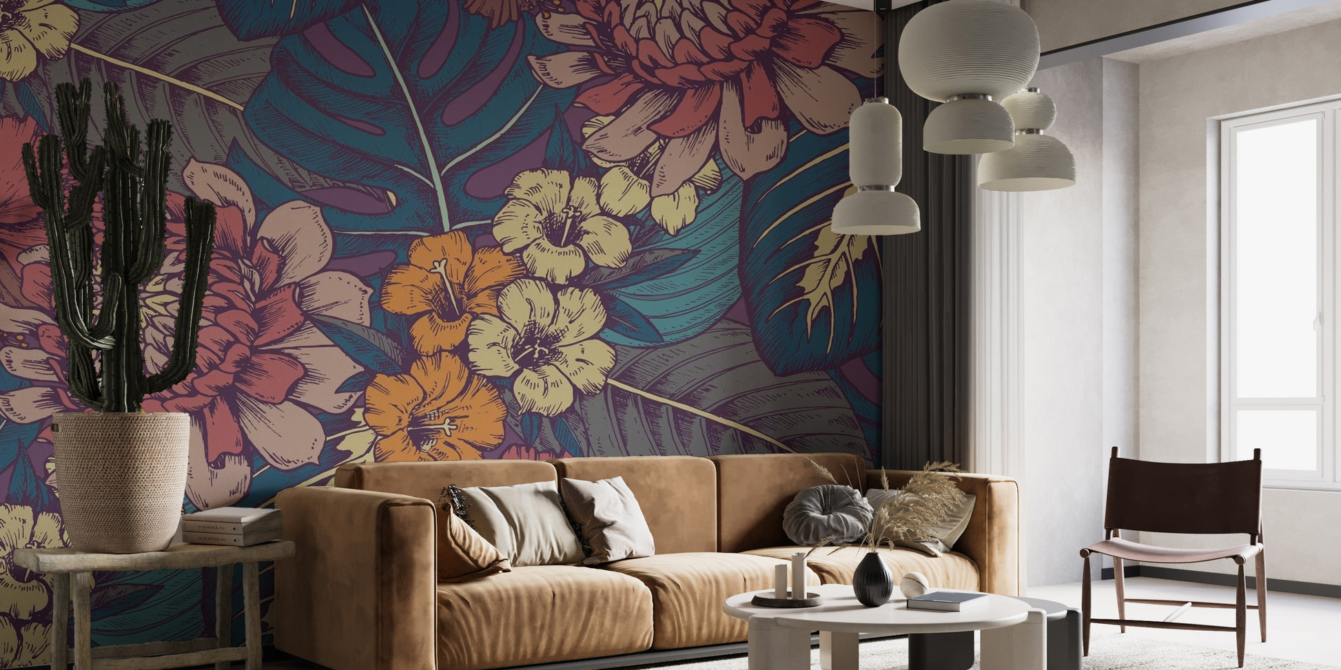 Vibrant tropical flower mural with delicate hand-drawn patterns.