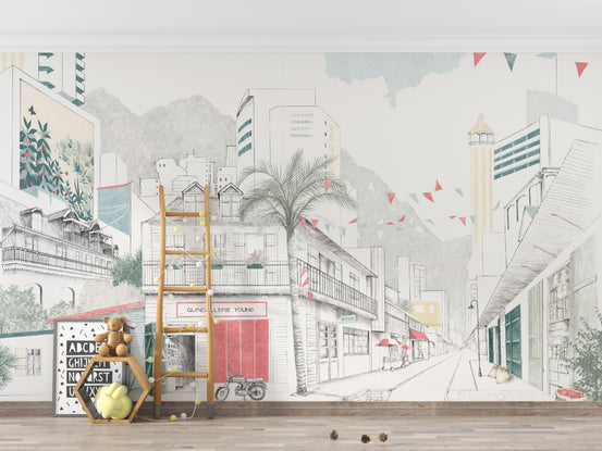 Hand-Drawn Urban Cityscape wallpaper mural in a playroom with a wood ladder shelf, teddy bear and alphabet art