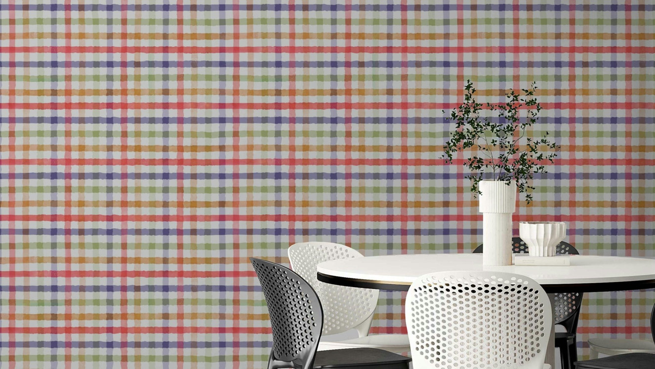 Hand-Painted Colorful Checkered Watercolor Rainbow Gingham Plaid Wallpaper.

