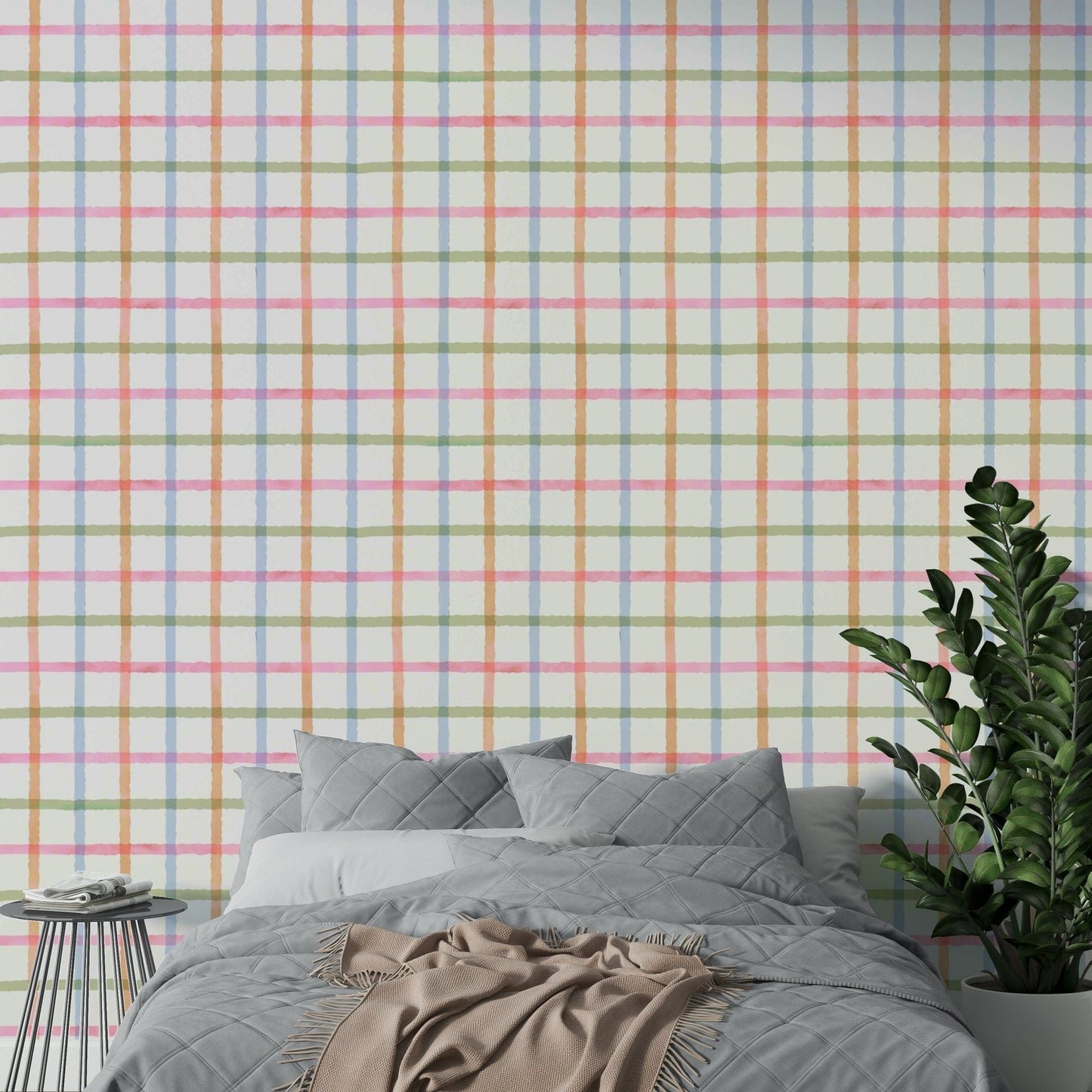 Vibrant rainbow colors in a plaid pattern.


