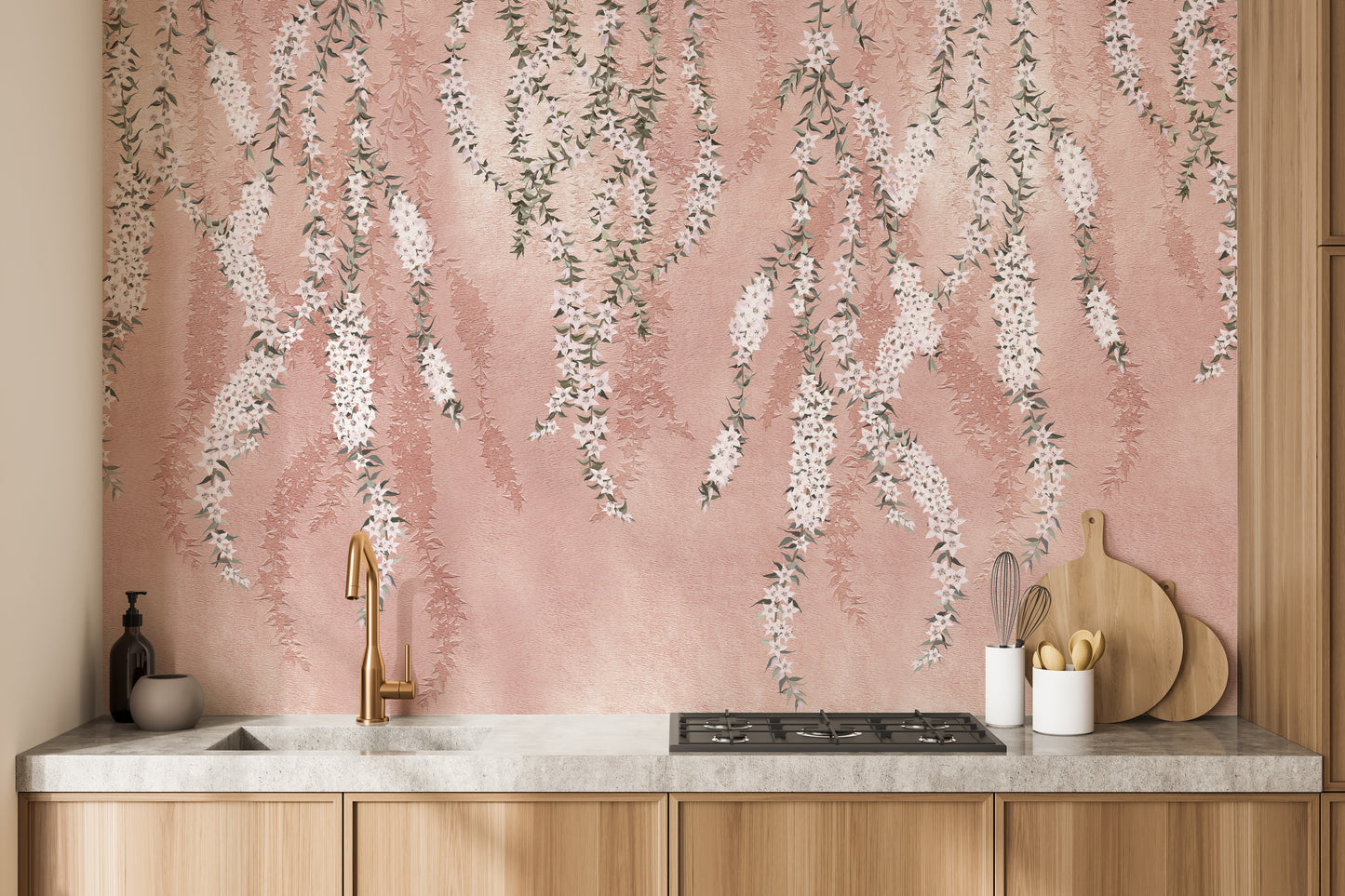 Hanging Flower branches on a pink wallpaper - Giffywalls