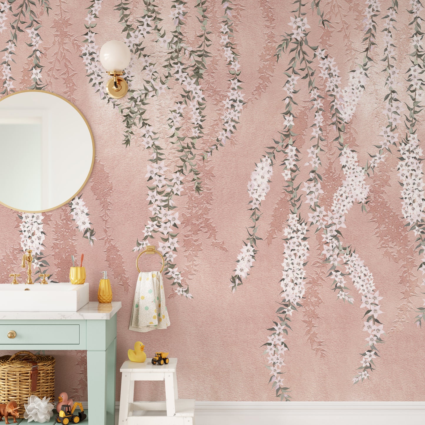 Watercolor pink floral wallpaper decor