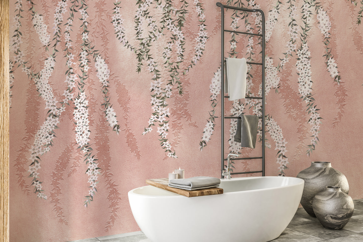 Hanging flower mural in soft pink tones