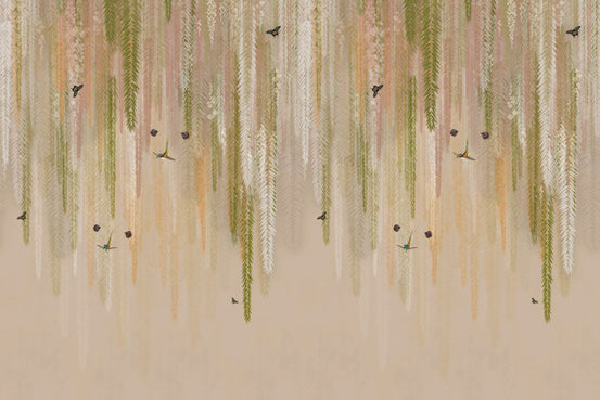 Hanging Wisteria wallpaper mural with cascading green and peach fronds and birds shown as a full-wall mural