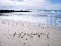 Joyful word etched Happy Beach wallpaper vast sandy expanse.