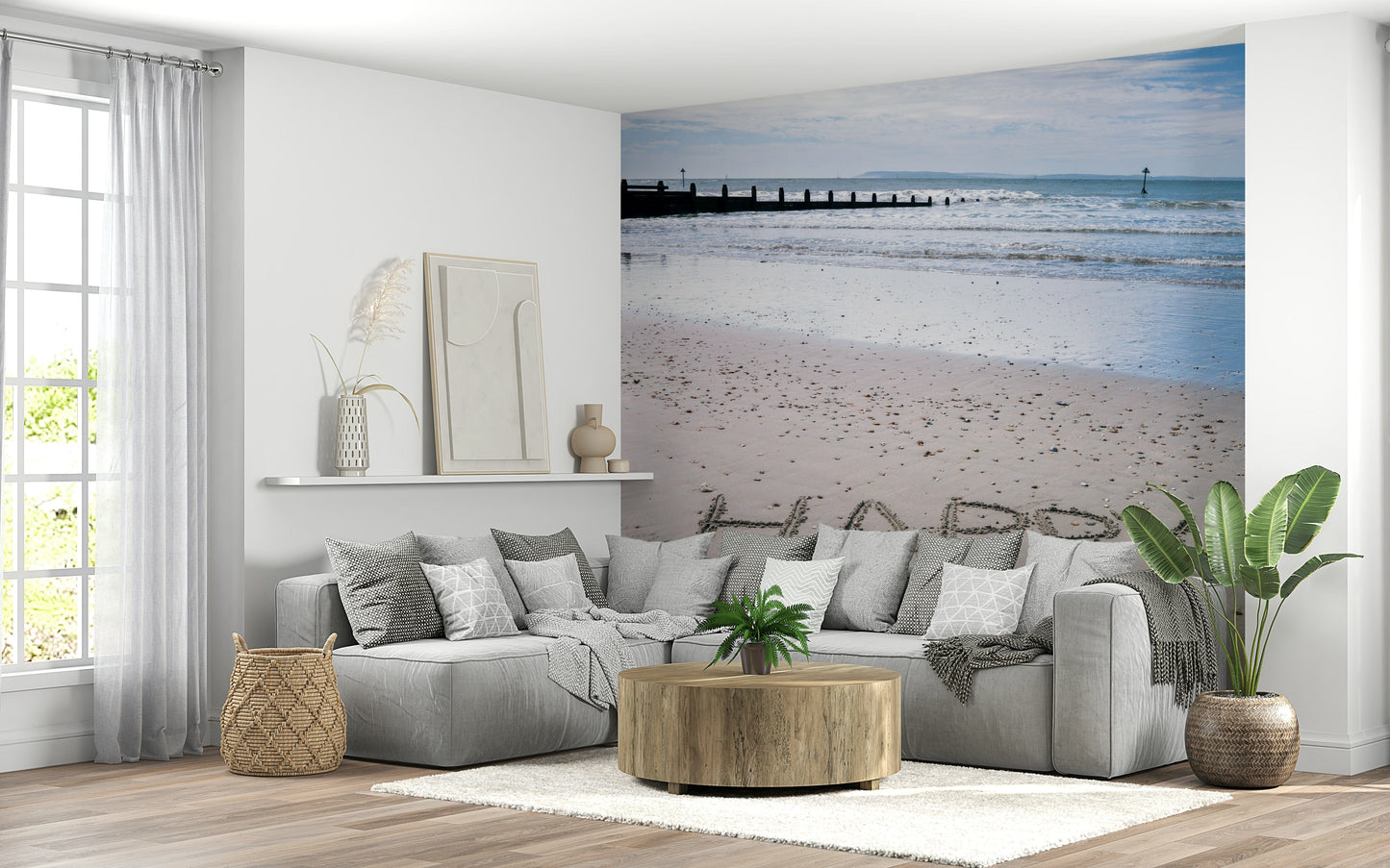 Simple writing in sand Happy Beach wallpaper motivational design.