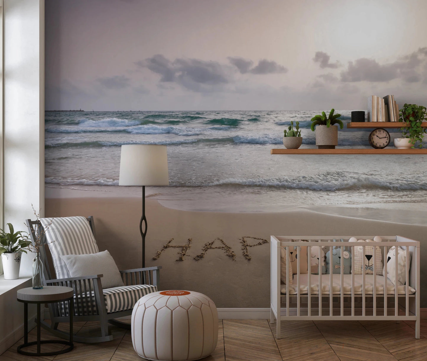Happy Beach Vibes wallpaper mural of a dusk beach scene in a nursery with a grey rocking chair and white crib