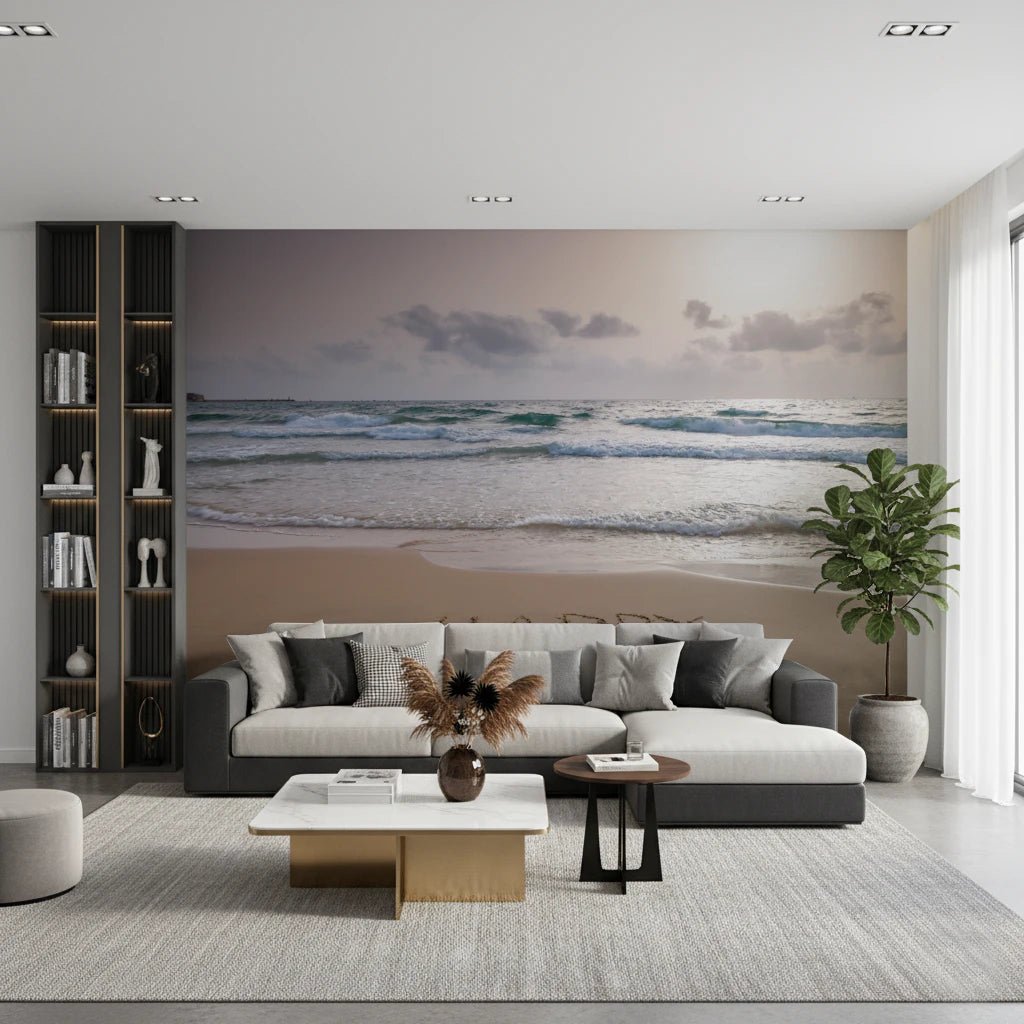 Happy Beach Vibes wallpaper mural of dusk waves behind a grey sectional with a fiddle-leaf fig in a living room