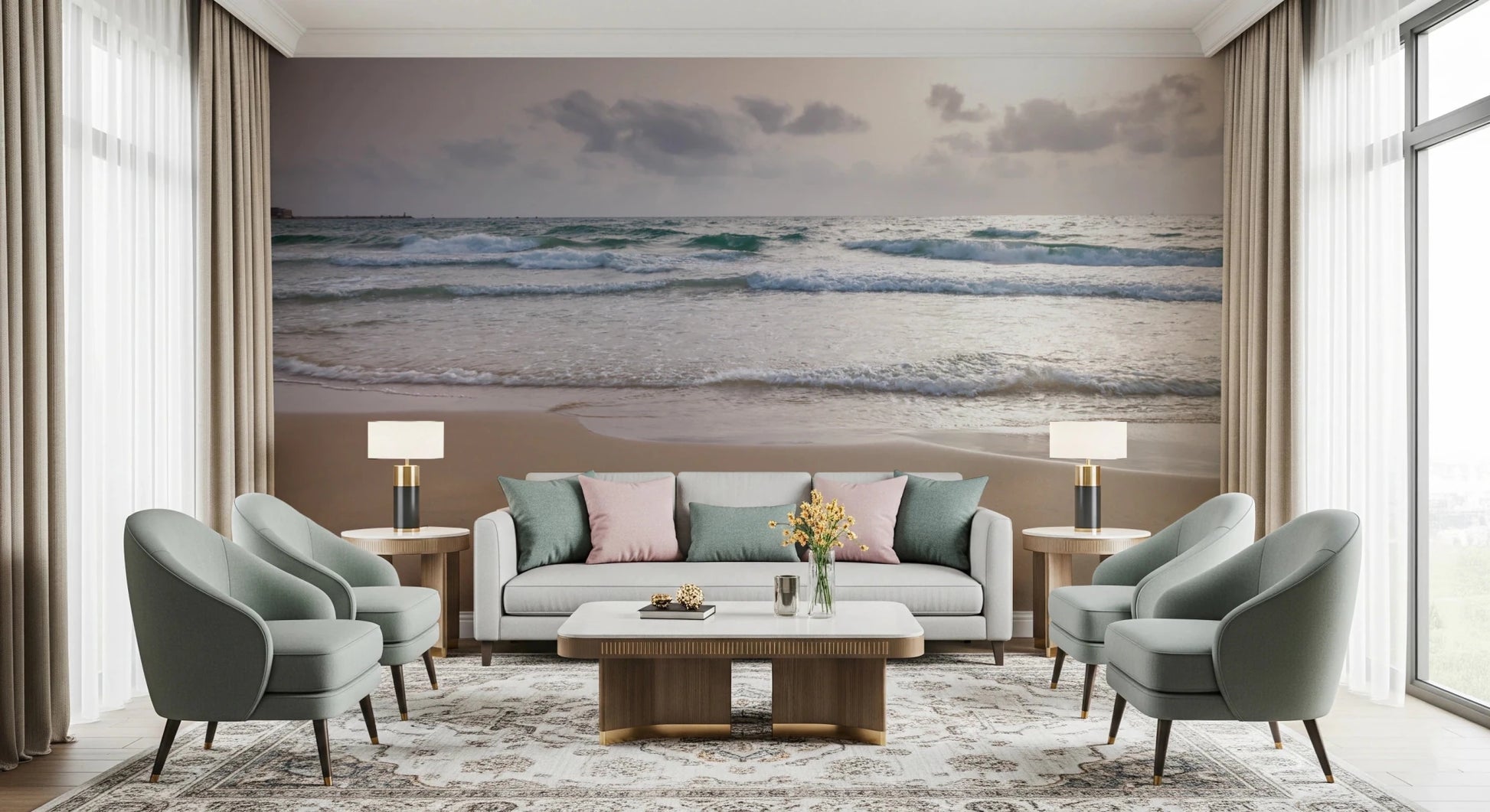 Happy Beach Vibes wallpaper mural of a calm beach behind a grey sofa flanked by sage armchairs in a living room