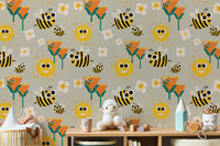 Vibrant mural with bees and sunshine accents
