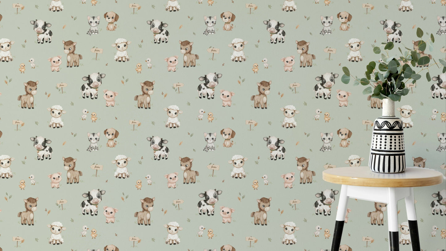 Happy Farmtime wallpaper with cute animals in mint

