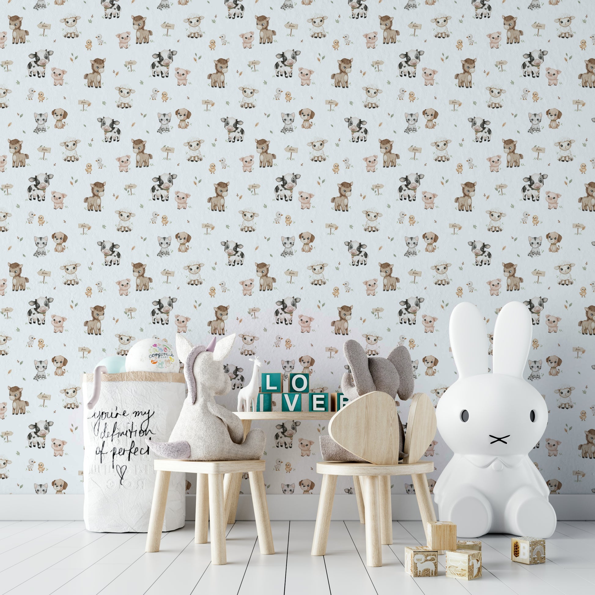 Hand-drawn farm animals wallpaper in soft tones

