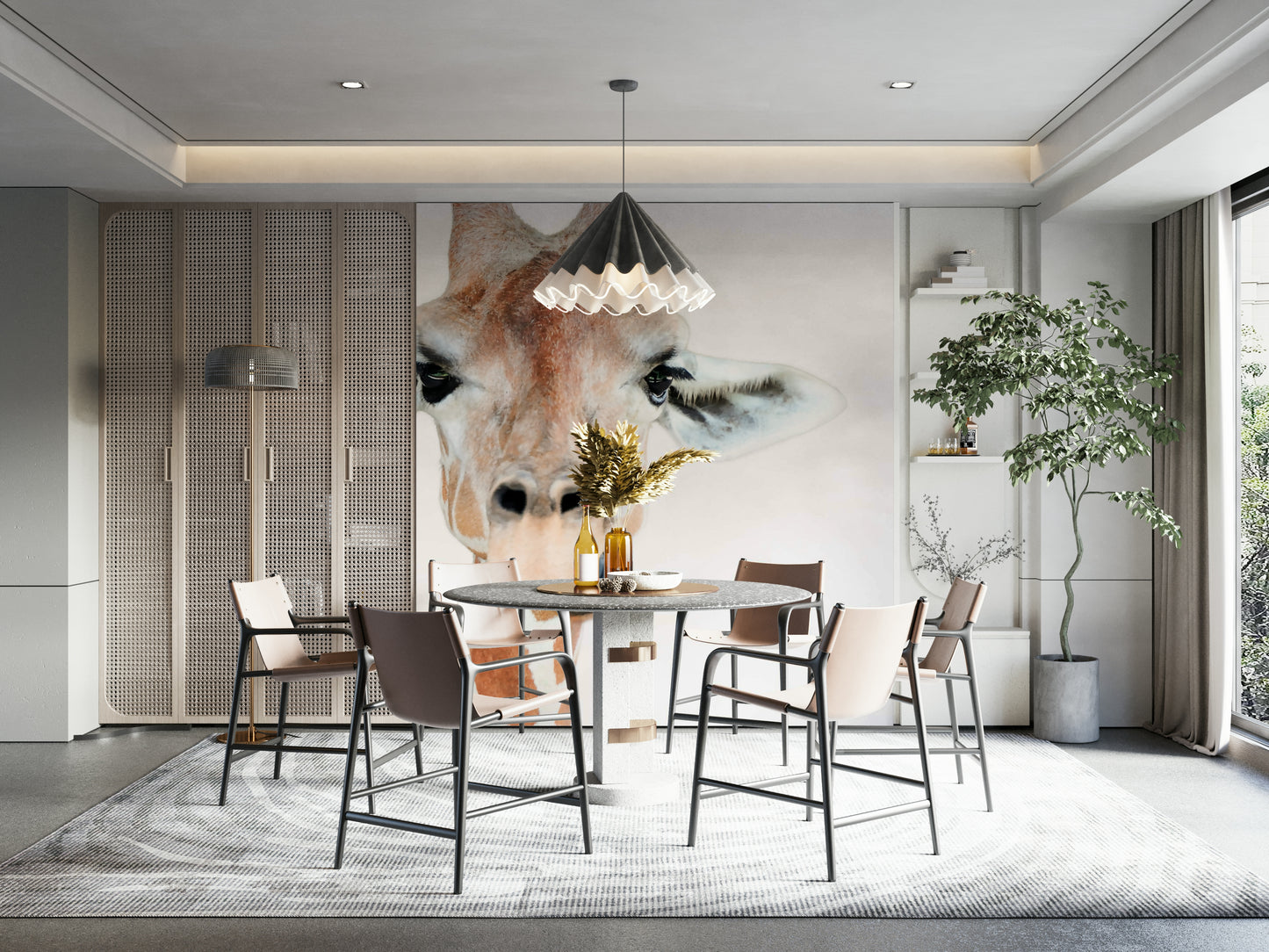 Smiling giraffe wallpaper in soft pastel tones

