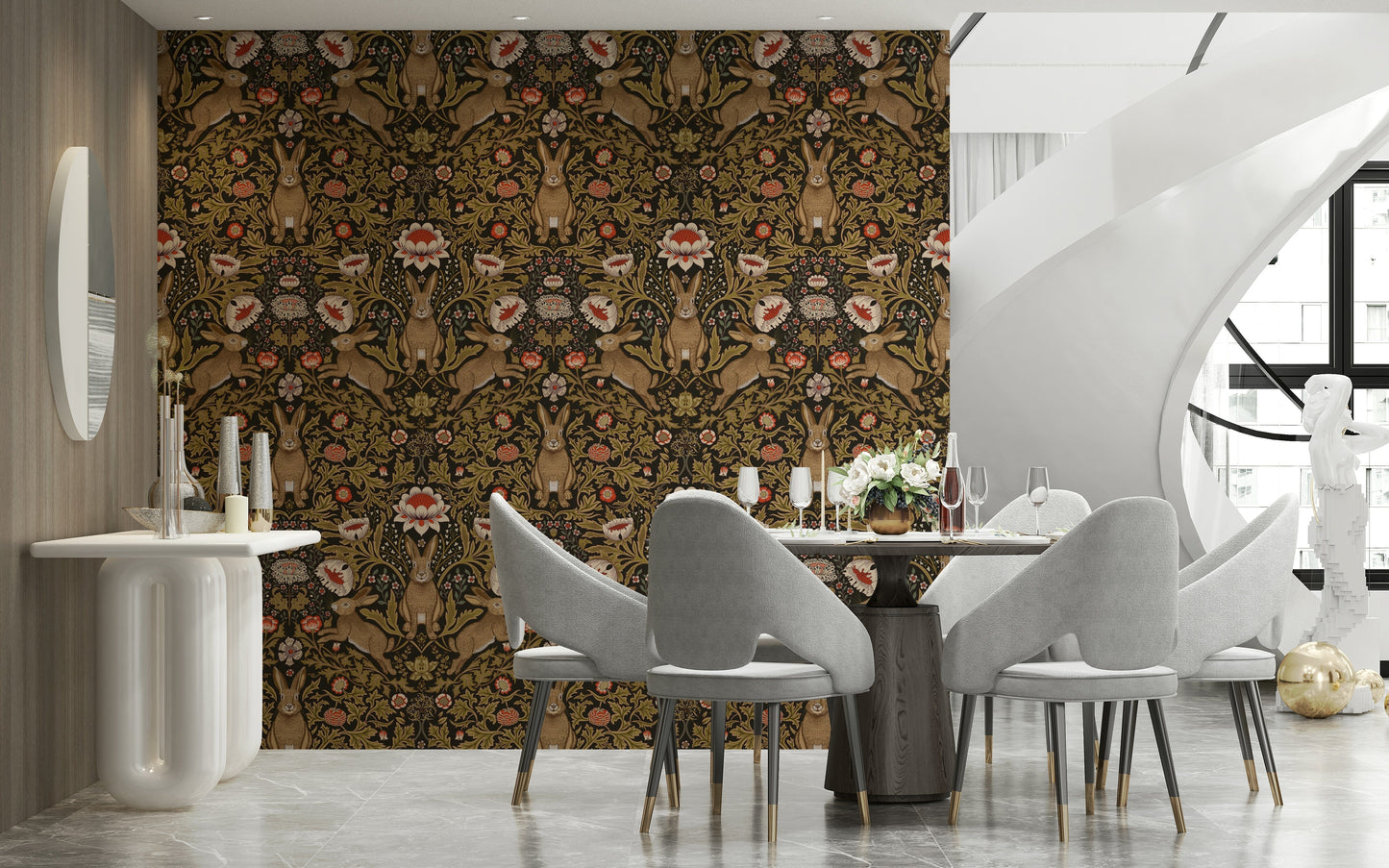 Cute hare and flower wallpaper creating a lively, cheerful atmosphere.