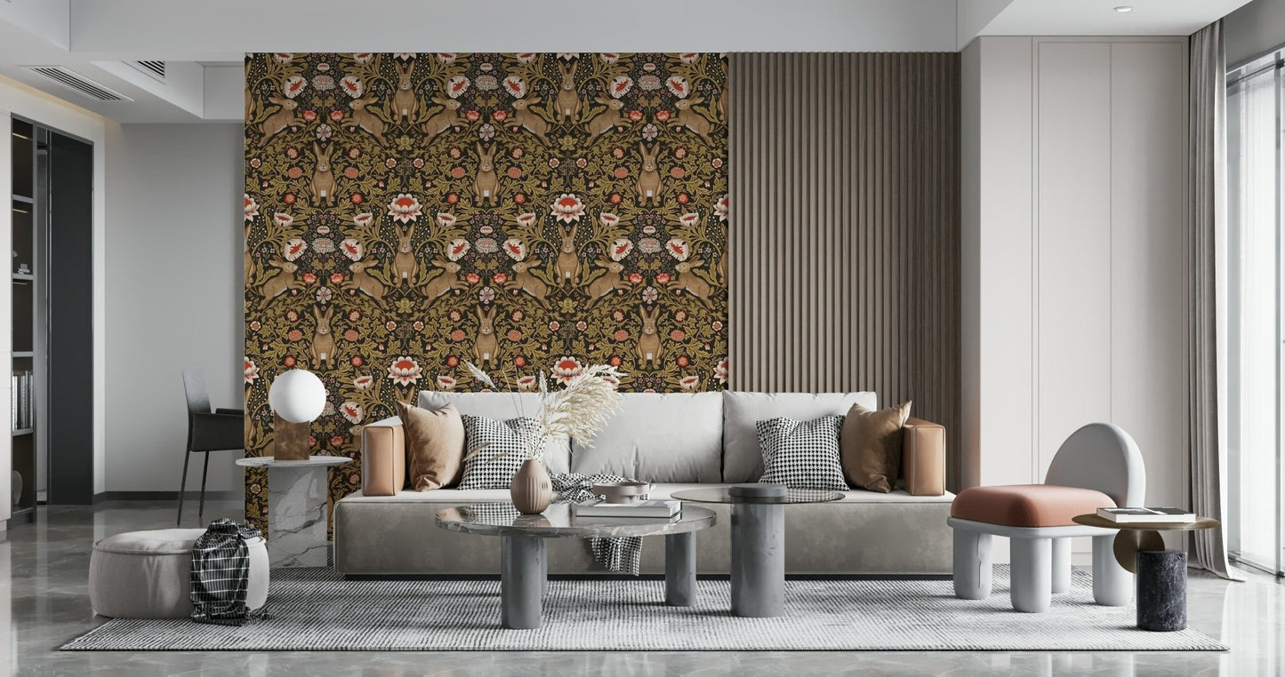 Whimsical Hare & Bloom wallpaper adding charm and color to living spaces.