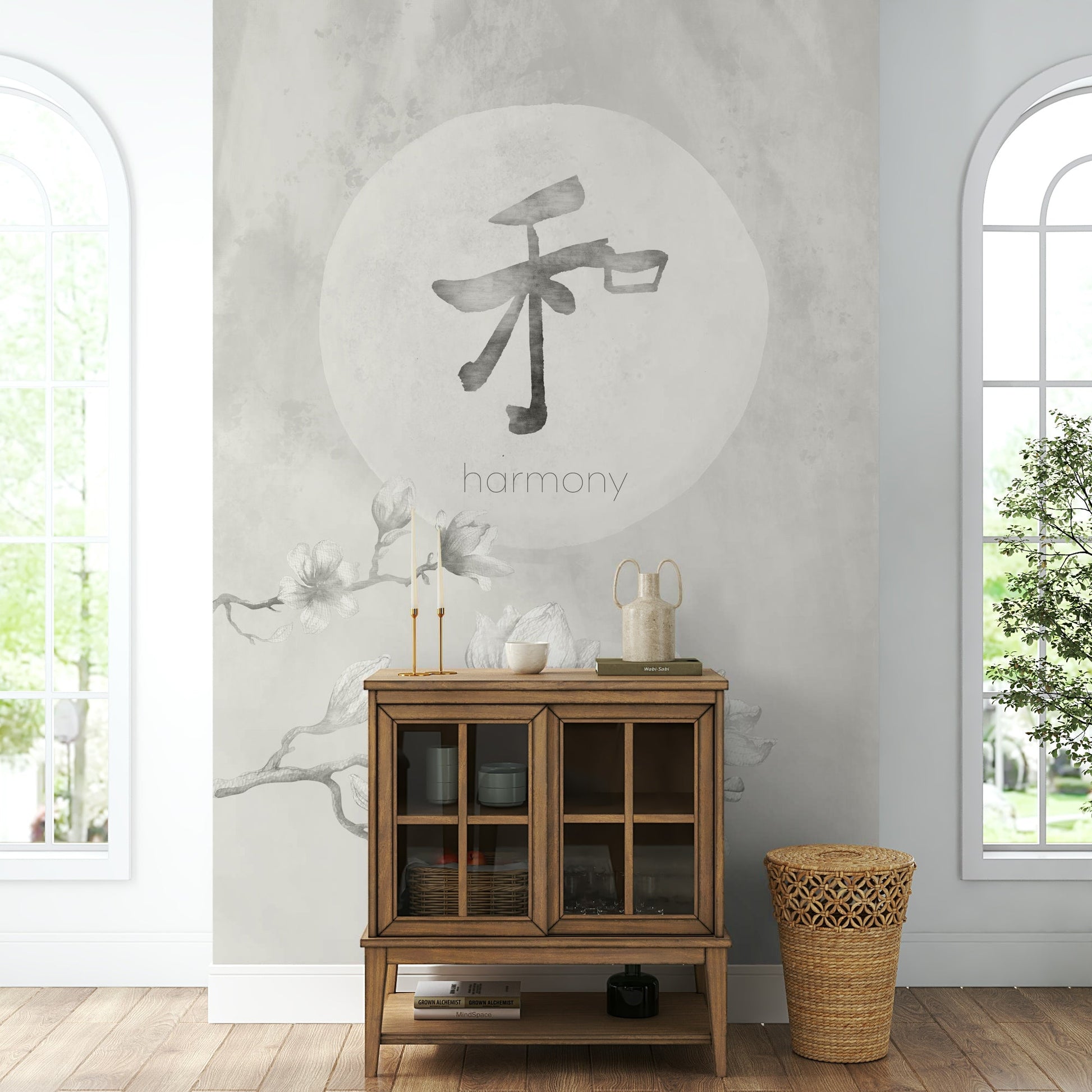 Japandi-inspired mural with minimalist brushwork

