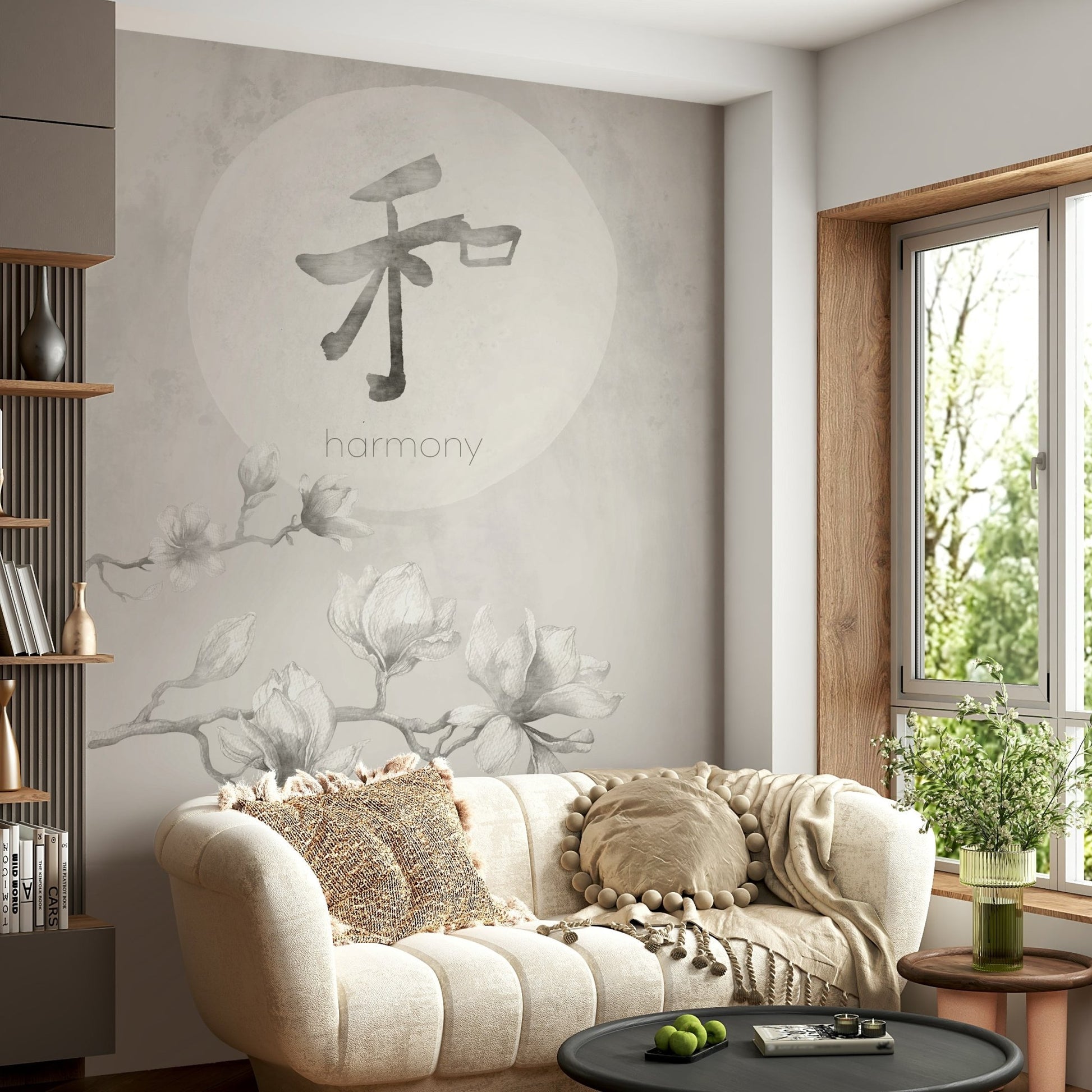 Modern Japandi mural with soft curves and textures

