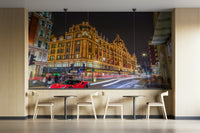 Iconic building illuminated with golden lights.

