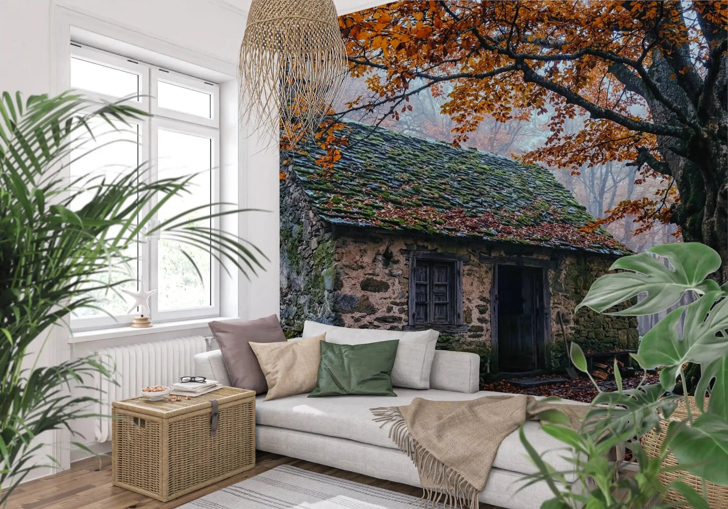 Rustic forest wall mural showing a moss roof, weathered walls, and fallen leaves