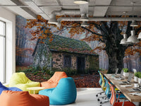 Harvest Hearth Haven wall mural with mossy roof, orange leaves, and forest mist