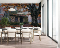 Woodland cabin wall mural in dining room with harvest leaves and an old stone hut