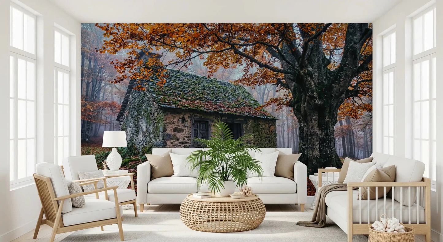 Autumn cottage wall mural with orange canopy, textured stone, and quiet woodland