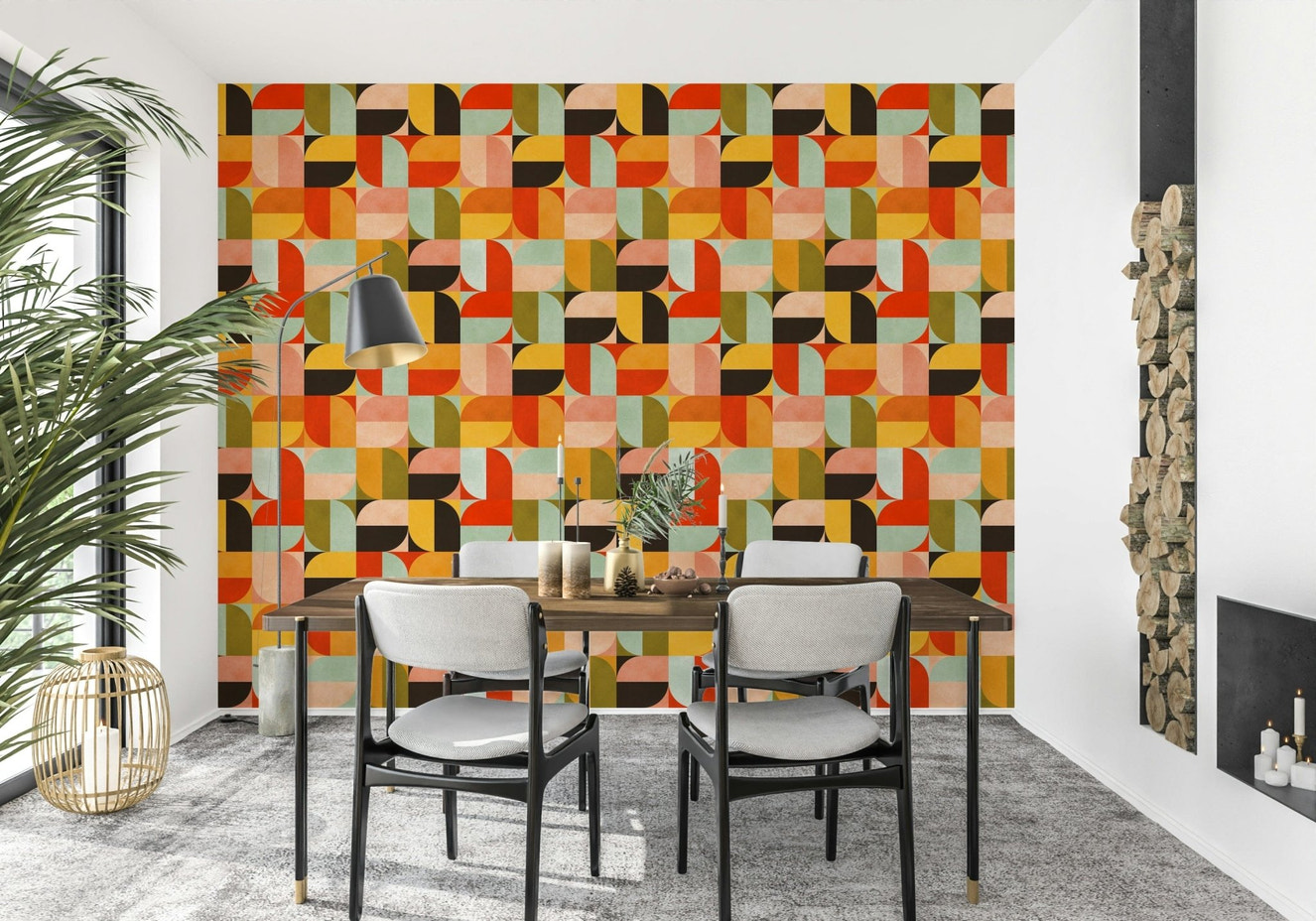 Harvest moon geometric wallpaper in warm autumn tones