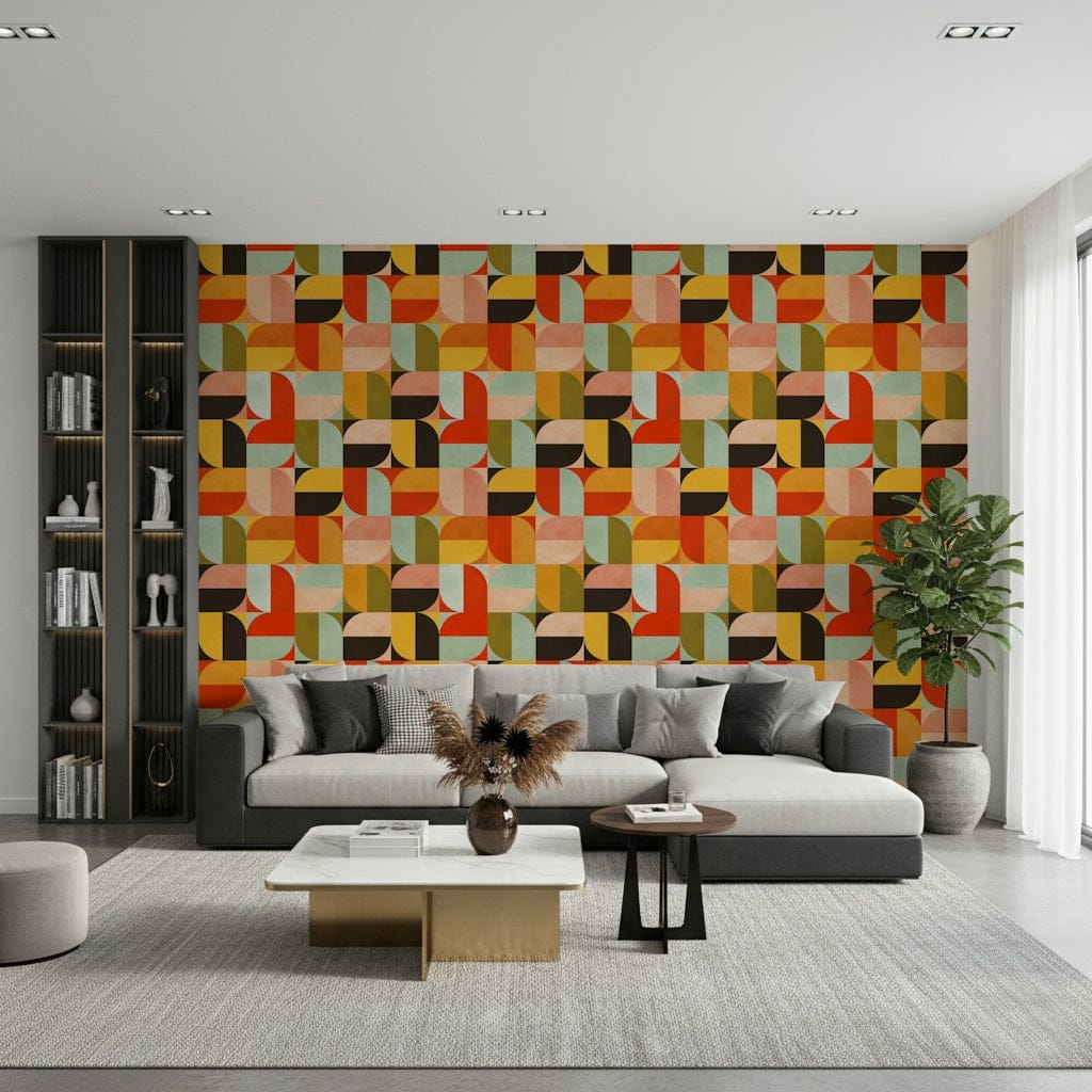 Contemporary retro wallpaper in orange and sage tones