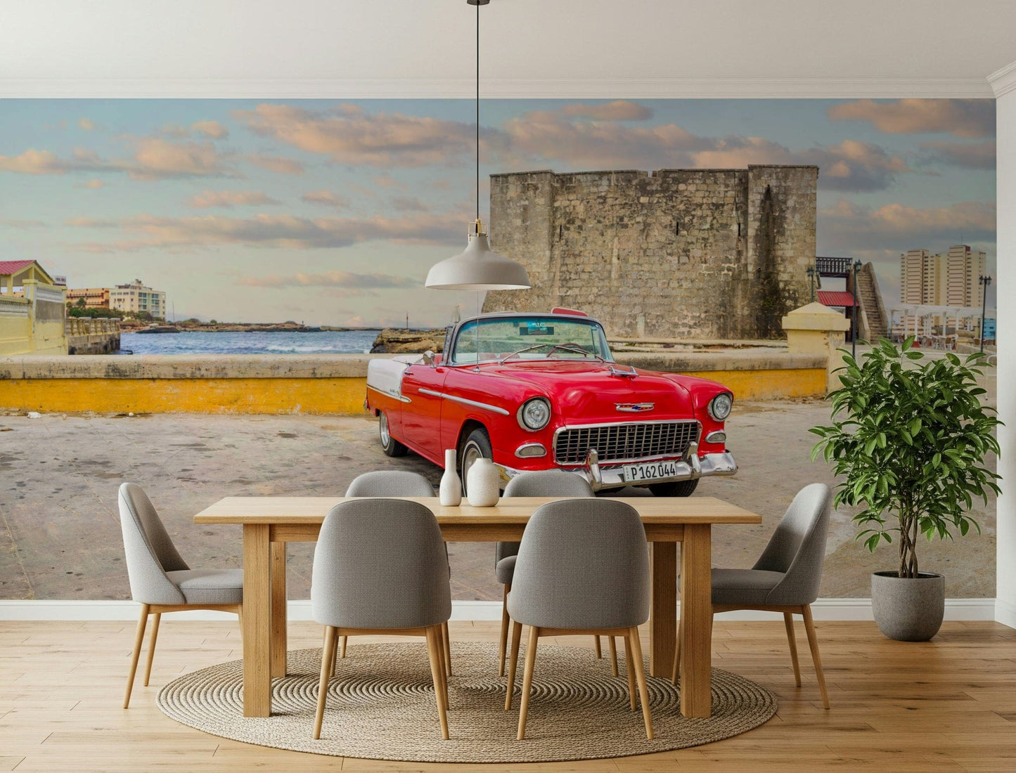 Cafe wall mural of Havana classic car, rustic tables, colorful street photography