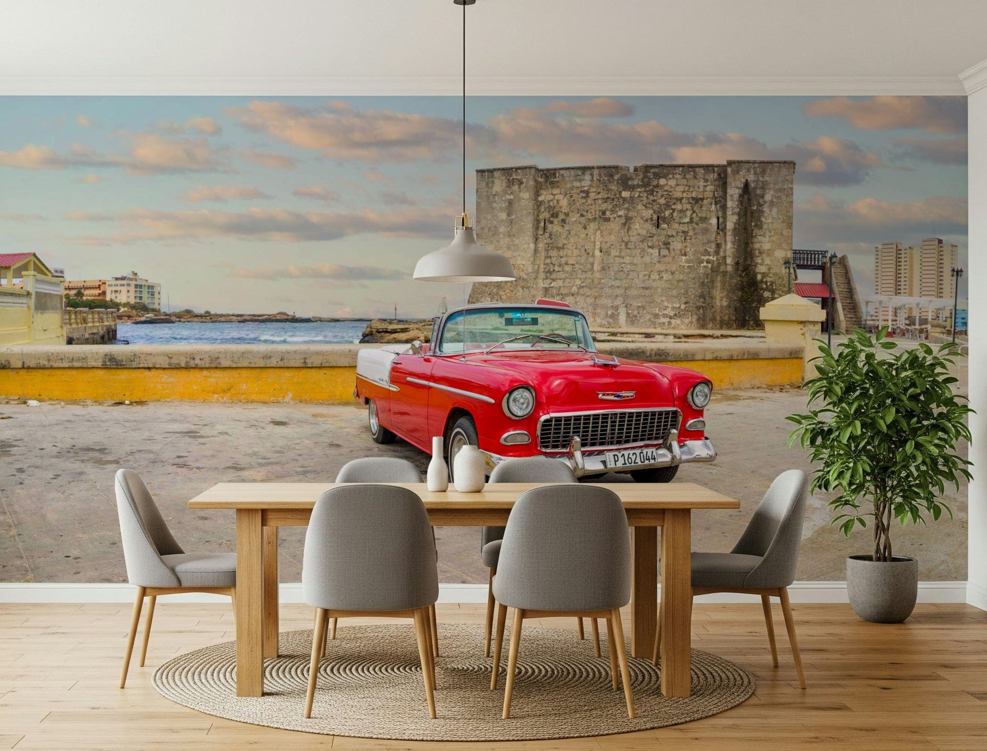 Cafe wall mural of Havana classic car, rustic tables, colorful street photography